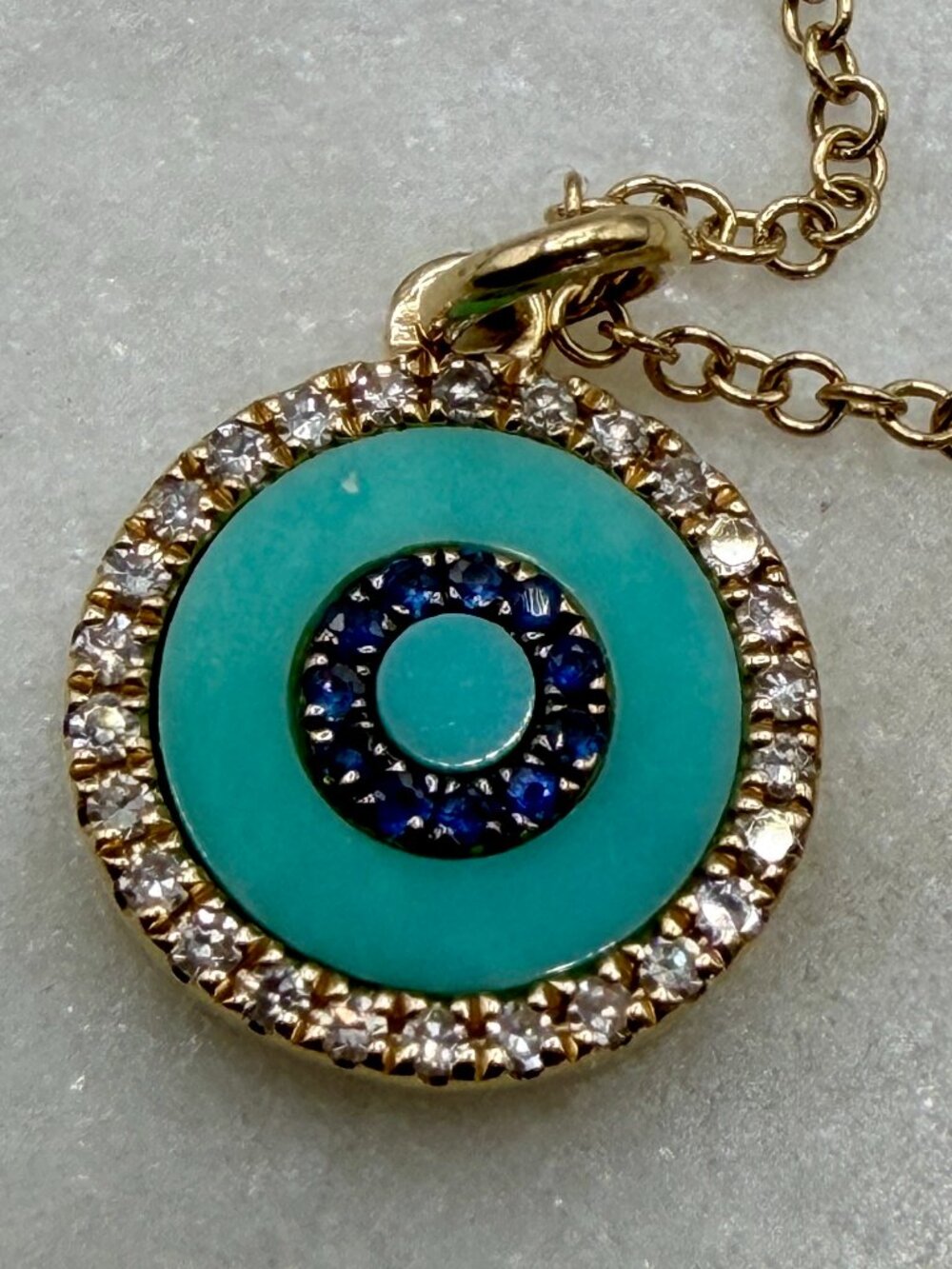 14K Yellow Gold Turquoise Sapphire Diamond Lucky Charms Pendant Necklace